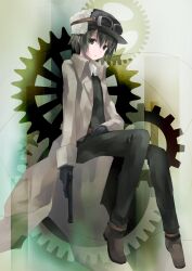  black_eyes black_hair boots coat commentary_request expressionless female formal gears gloves goggles goggles_on_headwear gun handgun hat kino_(kino_no_tabi) kino_no_tabi nor2012 short_hair sitting solo suit weapon 