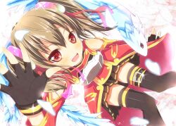  :d armor black_gloves black_thighhighs breastplate brown_hair commentary_request dragon female fingerless_gloves from_above gloves hair_ornament looking_at_viewer looking_up open_mouth petals pina_(sao) pleated_skirt red_eyes silica skirt smile sword_art_online thighhighs twintails waving yuimari zettai_ryouiki 