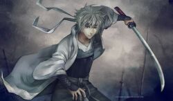  1boy bad_id bad_pixiv_id felice gintama grey_theme headband japanese_clothes joui katana male_focus realistic red_eyes sakata_gintoki solo sword watermark weapon web_address white_hair 