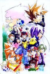  3girls 6+boys ;) bad_source brock_(pokemon) dawn_(pokemon) drew_(pokemon) gary_oak h_kazami james_(pokemon) jessie_(pokemon) kasumi_(pokemon) looking_at_viewer max_(pokemon) may_(pokemon) multiple_boys multiple_girls one_eye_closed paul_(pokemon) perspective petals pikachu piplup pokemon pokemon_(anime) pokemon_(classic_anime) pokemon_(creature) pokemon_dppt_(anime) pokemon_rse_(anime) rice satoshi_(pokemon) shamoji side_ponytail skirt smile suspenders team_rocket togepi traditional_media umbreon 