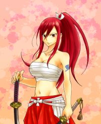  abstract_background bow breasts brown_eyes chest_sarashi collarbone commentary_request dual_wielding erza_scarlet fairy_tail female hairbow hakama hakama_skirt highres holding japanese_clothes kingyo_(984) large_breasts long_hair midriff navel ponytail red_hair red_hakama sarashi skirt smile solo sword tattoo weapon 