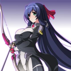  arrow_(projectile) asama_tomo blue_hair blush bodysuit bow bow_(weapon) breasts cleavage commentary_request derivative_work female fingerless_gloves gloves green_eyes hair_tubes hairbow heterochromia kyoukaisenjou_no_horizon large_breasts long_hair pantyhose purple_eyes smile solo spiceg very_long_hair weapon 