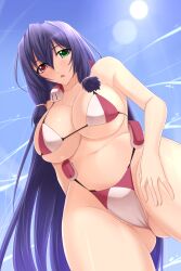  :o akitsuki_karasu asama_tomo bare_shoulders bikini blush breasts cleavage commentary_request female heterochromia highres huge_breasts kyoukaisenjou_no_horizon long_hair looking_at_viewer navel open_mouth purple_hair solo swimsuit very_long_hair 