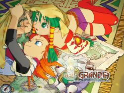  1990s_(style) 1997 1999 1boy blue_eyes candle carpet compass cropped cup duplicate feena_(grandia) female grandia grandia_i green_eyes green_hair hair_tubes hat hontani_toshiaki justin_(grandia) layered_sleeves lying map miniskirt official_art on_back on_stomach one_eye_closed orange_hair pointing red_hair retro_artstyle skirt striped teacup tent thighhighs unworn_hat unworn_headwear wallpaper_forced 