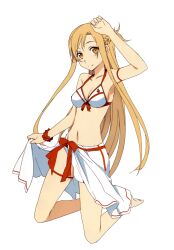  adapted_costume arm_ribbon arm_up asuna_(sao) bad_link bare_legs bare_shoulders barefoot bikini breasts brown_eyes brown_hair bunbun cleavage clothes_lift female full_body highres kneeling knights_of_blood_uniform_(sao) leg_ribbon long_hair long_legs medium_breasts navel ribbon sarong sarong_lift smile solo swimsuit sword_art_online thigh_ribbon transparent_background very_long_hair white_bikini white_sarong 