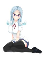  atago_kinue bad_id bad_pixiv_id blue_eyes blue_hair blush breasts female glasses himematsu_school_uniform large_breasts loafers long_hair ribbon saitou_(painfotsai) saki_(manga) school_uniform shoes sitting thighhighs 