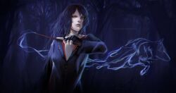  bad_id bad_pixiv_id black_hair blue_eyes blue_hair cloak felice female fingerless_gloves forest gloves harry_potter_(series) nature necktie night nymphadora_tonks realistic signature solo wand wavy_hair wizarding_world wolf 