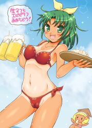  alcohol beer beer_mug bikini cameltoe chibi commentary_request cup female green_eyes green_hair holding holding_cup midorikawa_nao mug ponytail precure short_hair smile_precure swimsuit tan tanlines tray uzura_no_tamago_(yudeuzutama) yayoi_kise 