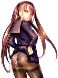  absurdres ass back-seamed_legwear bad_id bad_pixiv_id brown_hair brown_pantyhose dodai_shouji female green_eyes hands_on_own_hips highres long_hair looking_back original panties panties_under_pantyhose pantyhose school_uniform seamed_legwear serafuku simple_background skirt solo thighband_pantyhose two_side_up underwear white_background 