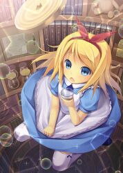  :o alice_(alice_in_wonderland) alice_in_wonderland aoi_aruma apron apron_tug blonde_hair blue_dress blue_eyes book bookshelf bow_legwear bubble commentary_request cup dot_nose drawer dress dress_tug falling female frilled_apron frills hair_ribbon highres holding jar long_hair map md5_mismatch open_mouth peter_pan_collar puffy_short_sleeves puffy_sleeves red_ribbon resolution_mismatch ribbon short_sleeves solo source_smaller sparkle stuffed_animal stuffed_toy teddy_bear thighhighs white_apron white_thighhighs wind wind_lift 