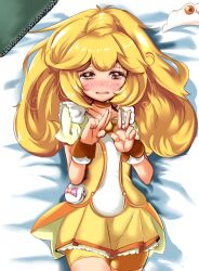  bad_id bad_pixiv_id bed bike_shorts bike_shorts_under_skirt blonde_hair blush cure_peace female hair_flaps long_hair looking_at_viewer lying magical_girl on_back on_bed ponytail precure shorts skirt smile_precure solo tears tiara tirasi_(so) v wrist_cuffs yayoi_kise yellow_eyes yellow_shorts yellow_skirt yellow_theme 