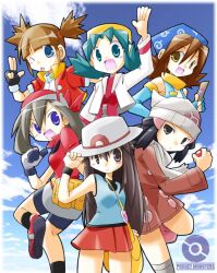  6+girls :p ;) alternate_costume bad_id beanie bike_shorts coat copyright_name dawn_(pokemon) fangs fingerless_gloves gloves hat holding holding_poke_ball kate_(pokemon) kris_(pokemon) leaf_(pokemon) long_hair looking_at_viewer may_(pokemon) mint_(pokemon) multiple_girls one_eye_closed poke_ball poke_ball_(basic) pokemon pokemon_dppt pokemon_frlg pokemon_gsc pokemon_platinum pokemon_ranger pokemon_ranger_2 pokemon_ranger_uniform pokemon_rse pokemon_tcg pokemon_tcg_gb porkpie_hat rascal_(feuille) skirt smile tongue tongue_out twintails vs_seeker winter_clothes 