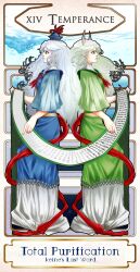  2girls ascot back-to-back card commentary_request dress dual_persona english_text ex-keine gown green_hair grey_hair hat highres horns kamishirasawa_keine long_hair multiple_girls photoshop_(medium) red_eyes roman_numeral scroll shibe362 symmetry tarot tarot_(medium) temperance_(tarot) touhou water wide_sleeves 