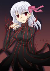  breasts character_name commentary_request dark_persona dark_sakura dress english_text fate/stay_night fate_(series) female hair_ribbon impossible_clothes impossible_dress matou_sakura medium_breasts open_mouth photoshop_(medium) pinstripe_pattern red_eyes ribbon solo striped white_hair yoshiwo_(kanikama) 