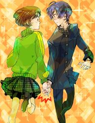  1boy androgynous bike_shorts black_jacket black_pants black_skirt blue_hair blush brown_hair commentary_request couple eye_contact feet_out_of_frame female gakuran green_jacket holding_hands houndstooth ichijou_kou jacket leg_up long_sleeves looking_at_another orange_background pants persona persona_4 pleated_skirt satonaka_chie school_uniform short_hair shorts shorts_under_skirt skirt straight straight_hair sutei_(giru) track_jacket unmoving_pattern wavy_hair yasogami_school_uniform 