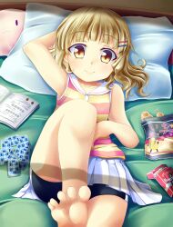  arm_up bad_id bad_pixiv_id bare_shoulders barefoot bed bike_shorts blonde_hair card collarbone feet female food hair_ornament hairclip konata_gazel looking_at_viewer lying on_back oomuro_sakurako photoshop_(medium) pillow playing_card pocky short_hair skirt smile soles solo striped toes yellow_eyes yuru_yuri 