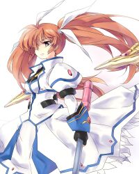  breasts brown_hair commentary_request dress female fingerless_gloves gloves hair_over_one_eye hair_ribbon jacket large_breasts long_hair long_skirt long_sleeves lyrical_nanoha magical_girl mahou_shoujo_lyrical_nanoha mahou_shoujo_lyrical_nanoha_strikers nishigyou_teraa open_clothes open_jacket photoshop_(medium) puffy_sleeves purple_eyes raising_heart raising_heart_(blaster_bit) raising_heart_(exceed_mode) ribbon skirt solo takamachi_nanoha takamachi_nanoha_(exceed_mode) twintails white_background 