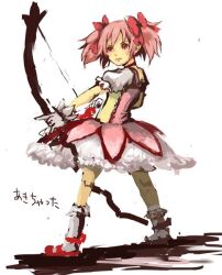  bow bow_(weapon) bubble_skirt commentary_request dress female hairbow kaname_madoka kaname_madoka_(magical_girl) magical_girl mahou_shoujo_madoka_magica mahou_shoujo_madoka_magica_(anime) photoshop_(medium) pink_eyes pink_hair short_twintails skirt solo twintails uzaki_(jiro) weapon white_background 