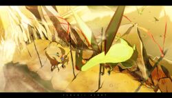  animal blue_hair cloak commentary_request crossover female flygon flying from_above green_wings hinanawi_tenshi jhen_mohran letterboxed monster_hunter_(series) photoshop_(medium) pokemon pokemon_(creature) red_eyes riding riding_pokemon siirakannu tenco&#039;s_story touhou velocidrome wings 