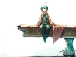  ahoge bad_id bad_pixiv_id belt belt_pouch boots coat commentary female formal full_body green_eyes green_hair kaneni kino_(kino_no_tabi) kino_no_tabi pouch reverse_trap ruins short_hair simple_background sitting solo suit white_background 