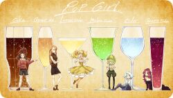  6+girls :d black_legwear blonde_hair blue_eyes blue_hair blush bow breasts brown_eyes brown_hair cleavage commentary_request crossed_arms cup dress drinking_glass elbow_gloves glasses gloves green_eyes green_hair hairbow hat jacket long_hair looking_at_viewer md5_mismatch medium_breasts multiple_girls open_mouth original pants pantyhose pantyhose_under_shorts personification ponytail purple_eyes short_hair shorts simple_background smile soda turtleneck twintails urin wine_glass yellow_eyes yellow_legwear 