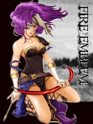  armor arrow_(projectile) bad_id bad_pixiv_id belt bow_(weapon) breasts bridal_gauntlets cleavage collarbone copyright_name female fire_emblem fire_emblem:_akaneia_saga fire_emblem:_new_mystery_of_the_emblem headband long_hair malice_(fire_emblem) purple_eyes purple_hair sandals solo tomygrave weapon 