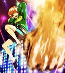  ;o bad_id bad_pixiv_id bike_shorts brown_eyes brown_hair covering_own_ears female hands infinote jacket jumping one_eye_closed open_mouth persona persona_4 persona_4:_the_ultimate_in_mayonaka_arena satonaka_chie short_hair skirt socks solo track_jacket 