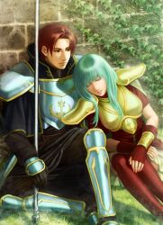  1boy aqua_hair armor boots closed_eyes commentary couple eirika_(fire_emblem) female fingerless_gloves fire_emblem fire_emblem:_the_sacred_stones gloves kinoeneko leg_armor long_hair pauldrons plant polearm red_eyes red_hair seth_(fire_emblem) short_hair shoulder_armor skirt sleeping spear straight thigh_boots thighhighs vines wall weapon zettai_ryouiki 