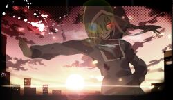  absurdres aihara_fuu blood building commentary_request female glowing glowing_eyes green_hair grin hair_over_one_eye hand_in_pocket highres hood hoodie kagerou_project kido_tsubomi mekakushi_code_(vocaloid) photoshop_(medium) red_eyes smile solo sunlight torn_clothes vocaloid wind 