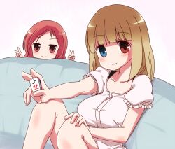  2girls :&gt; blue_eyes blush breasts brown_hair commentary_request couch fukuji_mihoko gradient_hair heterochromia holding holding_mahjong_tile large_breasts mahjong mahjong_tile multicolored_hair multiple_girls nobutake_(nobu0) red_eyes red_hair saki_(manga) sitting smile takei_hisa v 