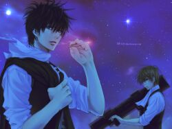  2boys ascot bad_id bad_pixiv_id black_hair blue_eyes brown_eyes brown_hair cigarette gintama ha_ru_(m-ca) hijikata_toushirou male_focus multiple_boys night night_sky okita_sougo rocket_launcher sky star_(sky) vest weapon 