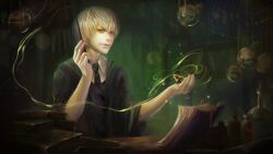  1boy bad_id bad_pixiv_id blonde_hair book cloak draco_malfoy felice frog green_theme harry_potter_(series) hogwarts_school_uniform magic male_focus necktie realistic school_uniform short_hair slytherin solo wand wizarding_world 