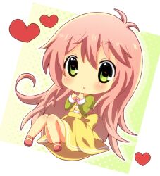  bad_anatomy bad_id bad_pixiv_id blush chibi female green_eyes heart heart-shaped_pupils jinrui_wa_suitai_shimashita kumakichi_(toshigat) long_hair open_mouth pink_hair solo symbol-shaped_pupils watashi_(jintai) 