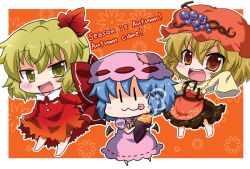  3girls :3 :p aki_minoriko aki_shizuha bad_id bad_pixiv_id blonde_hair blue_hair brown_eyes chibi english_text engrish_text food fruit grapes hair_ornament hat leaf leaf_hair_ornament multiple_girls noai_nioshi open_mouth ranguage remilia_scarlet short_hair sleeves_past_wrists sweet_potato tongue tongue_out touhou wings yellow_eyes 