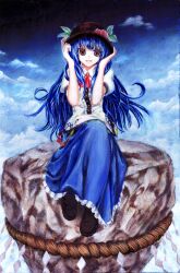  blue_hair blue_sky cloud commentary_request female food fruit hands_on_headwear hat hinanawi_tenshi kabaji long_hair looking_at_viewer oil_painting_(medium) painting_(medium) peach photoshop_(medium) pink_eyes puffy_sleeves rock shirt short_sleeves sitting sitting_on_rock skirt sky smile solo touhou traditional_media 