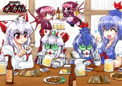  3girls alcohol bad_id bad_pixiv_id beer blue_hair bottle bow breasts chibi chopsticks cleavage commentary_request crossover earrings english_text engrish_text food fujiwara_no_mokou gundam gundam_seed gundam_seed_destiny hairbow hat jewelry kamishirasawa_keine light_purple_hair long_hair mayohi_neko mechanization medium_breasts multiple_girls mystia_lorelei photoshop_(medium) plate ranguage re-gz red_eyes red_hair sd_gundam spikes suspenders touhou v2_gundam victory_gundam wings yakitori zaku zaku_warrior zaku_warrior_concert_custom 