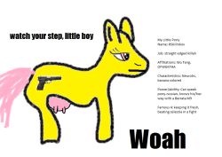  2011 bovid bovine browning_hp cattle cutie_mark english_text equid equine fan_character fur gangsta gun hasbro horse mammal model_sheet my_little_pony pink_eyes pony ranged_weapon simple_background teats text udders weapon what white_background woah wu-tang yellow_body yellow_fur 