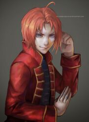  1boy bad_id bad_pixiv_id blue_eyes braid evil_grin evil_smile felice fighting_stance gintama grey_background grin jacket kamui_(gintama) long_hair male_focus realistic red_hair red_jacket signature single_braid smile solo 