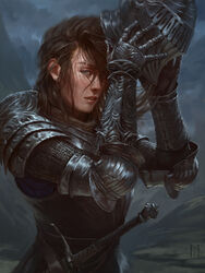  absurdres armor arms_up belt blue_eyes breastplate brown_hair commentary couter cuirass earrings english_commentary eyebrow_cut female full_armor gauntlets helmet highres holding holding_helmet jewelry knight landscape long_hair looking_at_viewer manuel_castanon messy_hair original outdoors parted_lips pauldrons pommel removing_helmet sheath sheathed shoulder_armor signature solo stud_earrings sweat sword unworn_headwear unworn_helmet upper_body vambraces weapon 