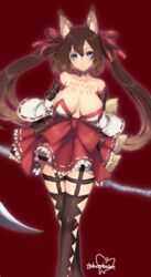  animal_ear_fluff animal_ears blue_eyes breasts brown_hair caleen_keemosn choker closed_mouth collarbone female fox_ears fox_tail hair_ribbon highres large_breasts long_hair looking_at_viewer multiple_tails murata_tefu red_ribbon ribbon scythe simple_background solo star_ocean star_ocean_anamnesis tail tattoo twintails very_long_hair 