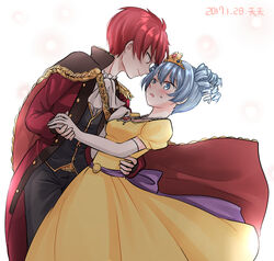  2boys akabane_karma ansatsu_kyoushitsu aristocratic_clothes artist_name ascot black_jacket black_pants blue_eyes blue_hair brown_eyes cape cloak closed_mouth crossdressing dated dress drill_hair epaulettes feet_out_of_frame formal gem gloves hand_on_another&#039;s_hip jacket jewelry long_sleeves looking_at_another male_focus multiple_boys necklace open_mouth otoko_no_ko pants puffy_short_sleeves puffy_sleeves red_cloak red_gemstone red_hair sash shiota_nagisa shirt short_hair short_sleeves shy simple_background smile standing suit sweat tenten_(kitty) tiara white_ascot white_background yaoi yellow_dress 