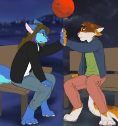  2019 4_toes 5_fingers anthro blue_body brown_body brown_fur canid canine canis clothed clothing digital_media_(artwork) domestic_cat domestic_dog duo feet felid feline felis fingers fur jailbird male mammal missing sad toes 