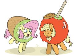  apple apple_costume applejack_(mlp) candy candy_apple candy_apple_costume clothing costume dessert doodledonut duo equid equine female female/female feral fluttershy_(mlp) food food_costume friendship_is_magic fruit hi_res horse kigtoons kiwifruit kiwifruit_costume mammal my_little_pony plant pony 