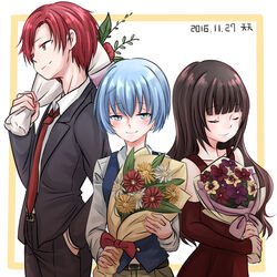  2boys aged_up akabane_karma ansatsu_kyoushitsu artist_name belt black_jacket black_pants black_suit blue_eyes blue_hair blue_vest blush bouquet brown_dress brown_pants closed_eyes closed_mouth collared_shirt commentary_request cowboy_shot dated dress female flower formal green_hair hand_in_pocket holding holding_bouquet inset_border jacket kayano_kaede kunugigaoka_middle_school_uniform leaf light_blue_hair long_hair long_sleeves looking_at_viewer looking_to_the_side multiple_boys necktie open_clothes open_jacket orange_eyes pants purple_flower red_flower red_hair red_necktie ribbon school_uniform shiota_nagisa shirt shirt_tucked_in short_hair simple_background smile suit suit_jacket tenten_(kitty) upper_body vest white_background white_flower white_shirt 