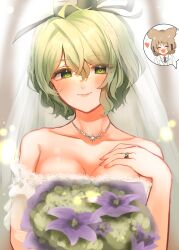  2girls ^_^ absurdres alternate_costume bare_shoulders blush bouquet breasts bridal_veil bride brown_hair cleavage closed_eyes collarbone commentary_request dress female_pov glint green_eyes green_hair hair_between_eyes hand_on_own_chest heart highres holding holding_bouquet jewelry looking_at_viewer medium_breasts multiple_girls necklace pov ring short_hair smile soga_no_tojiko spoken_expression takana_(forsterite) touhou toyosatomimi_no_miko veil wedding_dress wedding_ring white_dress wife_and_wife yuri 