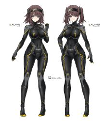  2girls absurdres black_bodysuit bodysuit breasts brown_hair covered_navel full_body grey_eyes hairband helldivers_(series) highres large_breasts looking_at_viewer multiple_girls original sherman_(egnk2525) short_hair skin_tight standing twintails white_background 