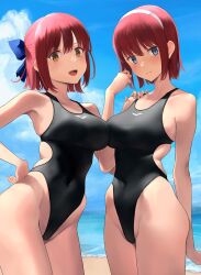  2girls bare_shoulders beach blue_eyes blue_sky blush breasts collarbone competition_swimsuit highres hisui_(tsukihime) kohaku_(tsukihime) large_breasts looking_at_viewer multiple_girls one-piece_swimsuit open_mouth red_hair shore short_hair sky smile swimsuit thighs tsukihime wa_(genryusui) yellow_eyes 