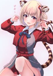  animal_ears blonde_hair breasts female hair_ribbon hands_up highres large_breasts looking_at_viewer lycoris_recoil lycoris_uniform neck_ribbon nekonomiya_mikoto nishikigi_chisato oerba_yun_fang open_mouth paw_pose pleated_skirt red_eyes red_ribbon red_skirt ribbon short_hair skirt solo tail tiger_ears tiger_tail 