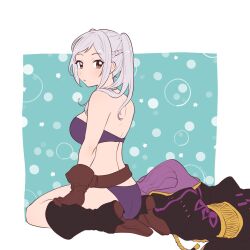  72kuri aqua_background belt bikini boots border bra brown_belt brown_eyes brown_gloves female fire_emblem fire_emblem_awakening fire_emblem_heroes full_body gloves highres knee_boots official_alternate_costume pants purple_bikini purple_pants robin_(female)_(fire_emblem) robin_(female)_(summer)_(fire_emblem) robin_(fire_emblem) sidelocks sitting solo swimsuit twintails underwear unworn_clothes wariza white_border white_hair 