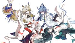  4girls absurdres aqua_hair arknights bandaged_arm bandages bandeau bare_shoulders barefoot beads black_hair black_jacket black_shorts blonde_hair blue_eyes blue_hair closed_mouth colored_extremities dragon_girl dragon_horns dragon_tail dress dusk_(arknights) earrings full_body green_eyes grey_hair hair_between_eyes hair_intakes head_rest highres horns jacket jewelry light_smile ling_(arknights) long_hair long_sleeves looking_at_viewer lying motoharu_(motoharuuuu) multicolored_hair multiple_girls necklace necktie nian_(arknights) off_shoulder on_stomach one_eye_closed open_clothes open_jacket parted_lips pointy_ears purple_eyes red_bandeau red_hair red_necktie short_dress shorts shu_(arknights) siblings simple_background sisters sleeveless sleeveless_dress soles strapless streaked_hair tail toes white_background white_dress white_jacket white_shorts wide_sleeves 